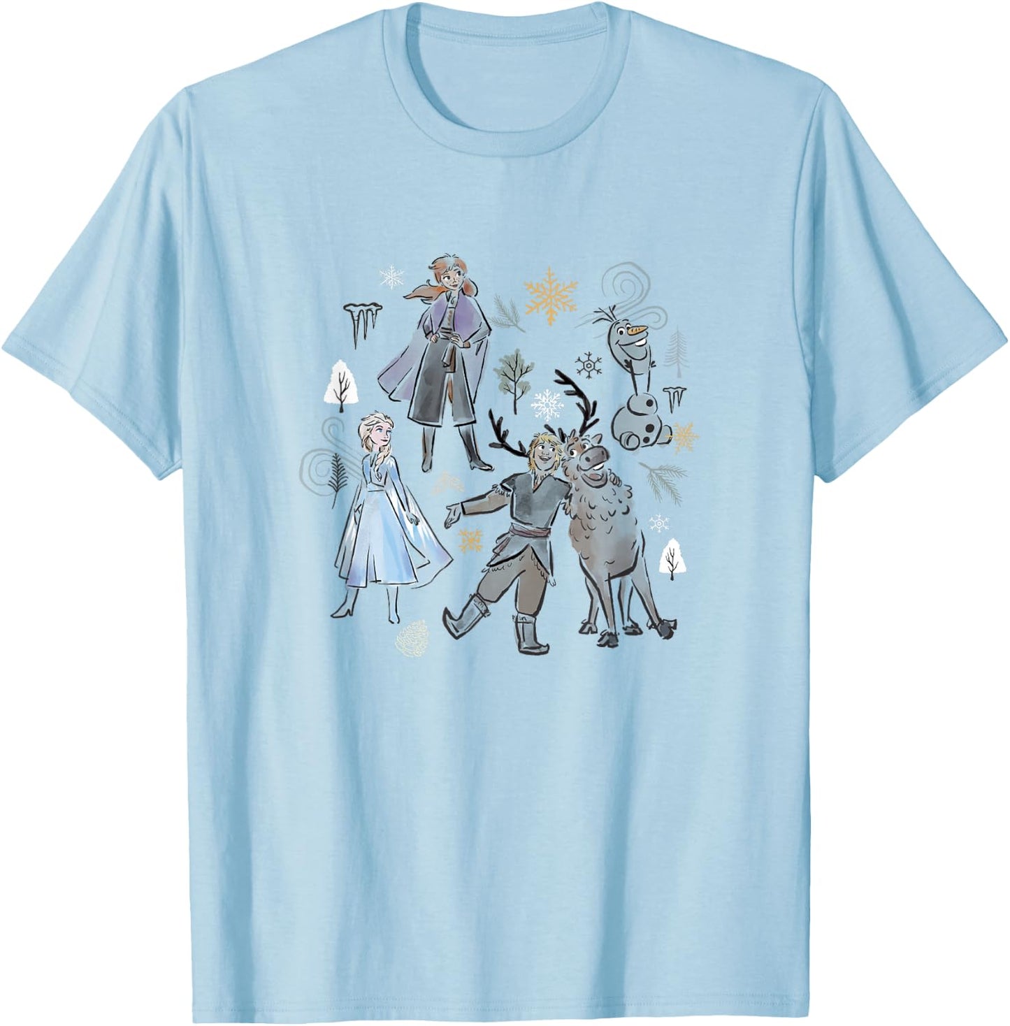 Disney Frozen Elsa Anna Kristoff and Sven Outline Group Shot T-Shirt - T-Shirt | Light Blue