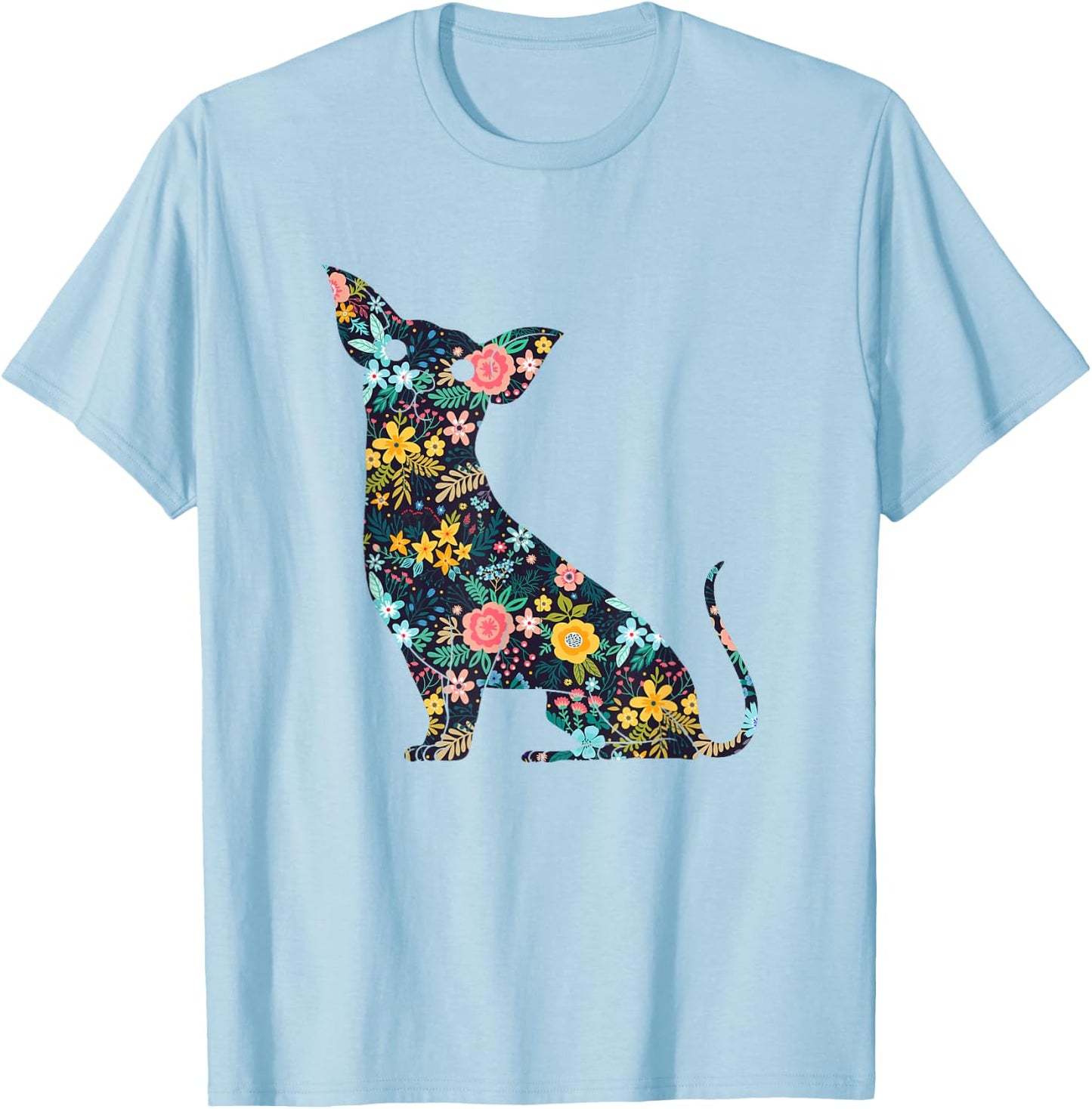 Chihuahua Floral Dog Silhouette Graphic T-Shirt - T-Shirt | Light Blue