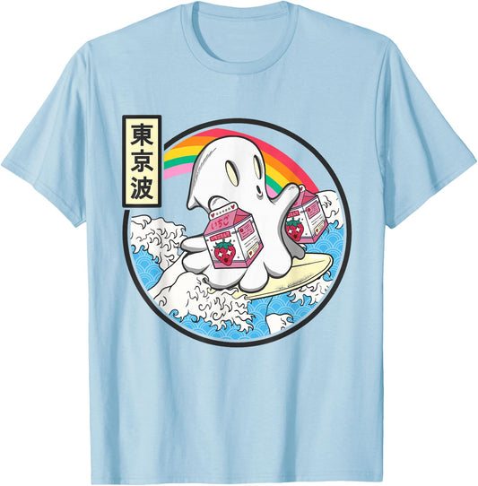 Ghost Strawberry Milk Great Waves Kawaii Aesthetic T-Shirt - T-Shirt | Light Blue