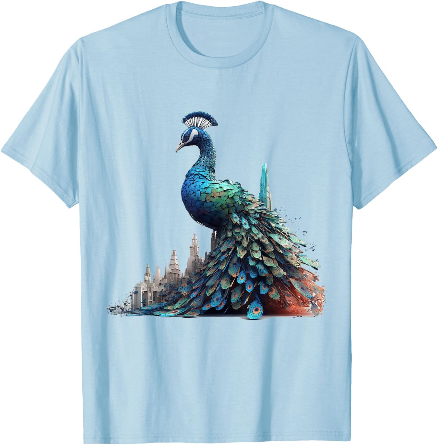 Peacock Architecture Artwork | Animal Motif Peacock T-Shirt - T-Shirt | Light Blue