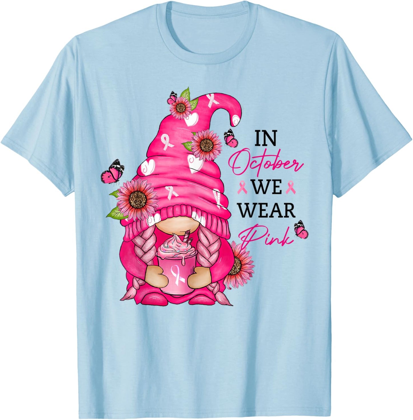 Pink Gnome Breast Cancer Awareness Graphic T-Shirt - T-Shirt | Light Blue