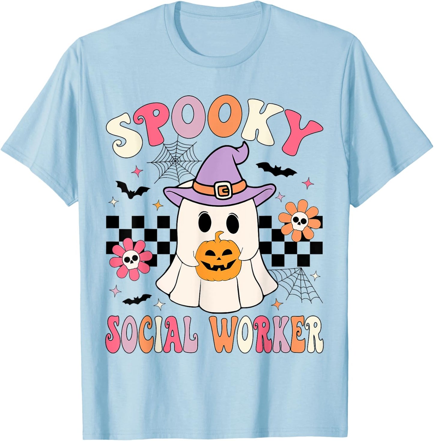 Groovy Spooky Social Worker Halloween Social Worker Ghost T-Shirt - T-Shirt | Light Blue