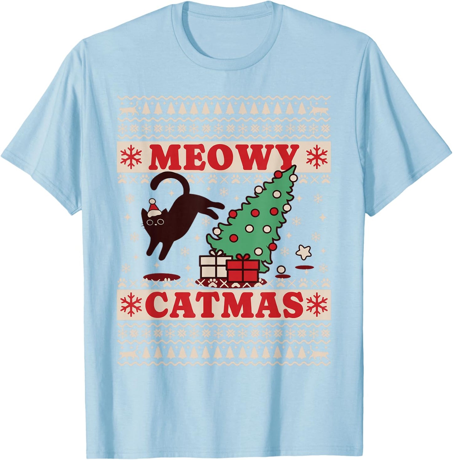Meowy Catmas, Ugly Christmas Sweater, Cat Christmas T-Shirt - T-Shirt | Light Blue