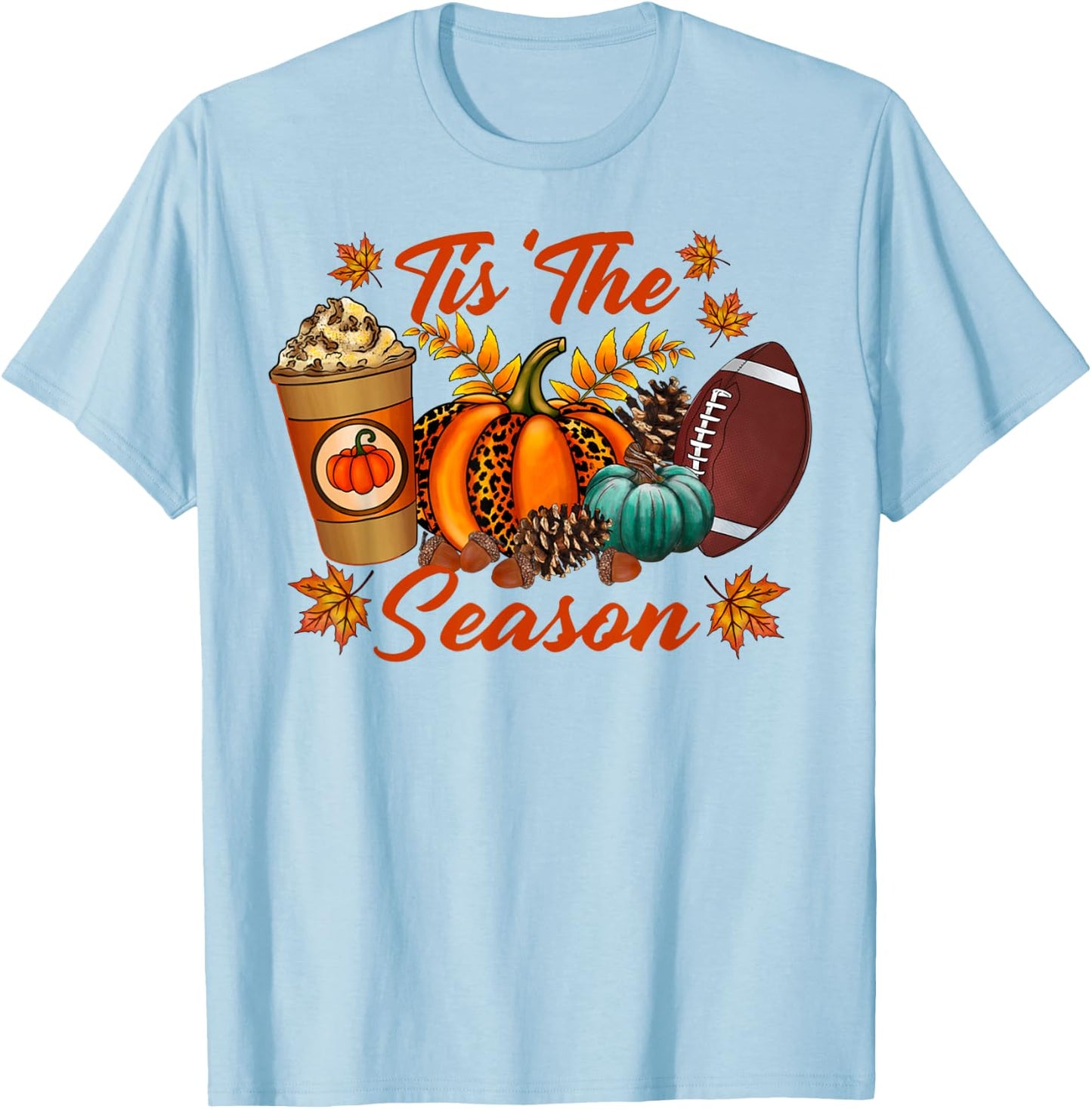 Tis The Season Fall Pumpkin Football Cute Pumpkin Women Fall T-Shirt - T-Shirt | Light Blue