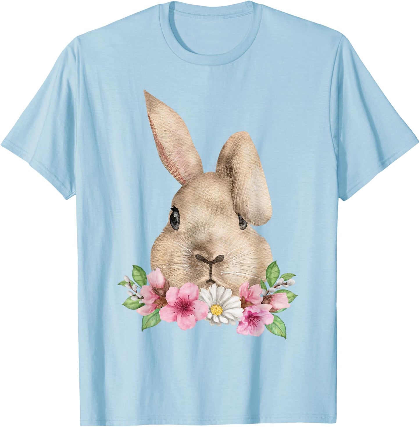 Bunny Head with Flowers Watercolor Easter Rabbit T-Shirt - T-Shirt | Light Blue