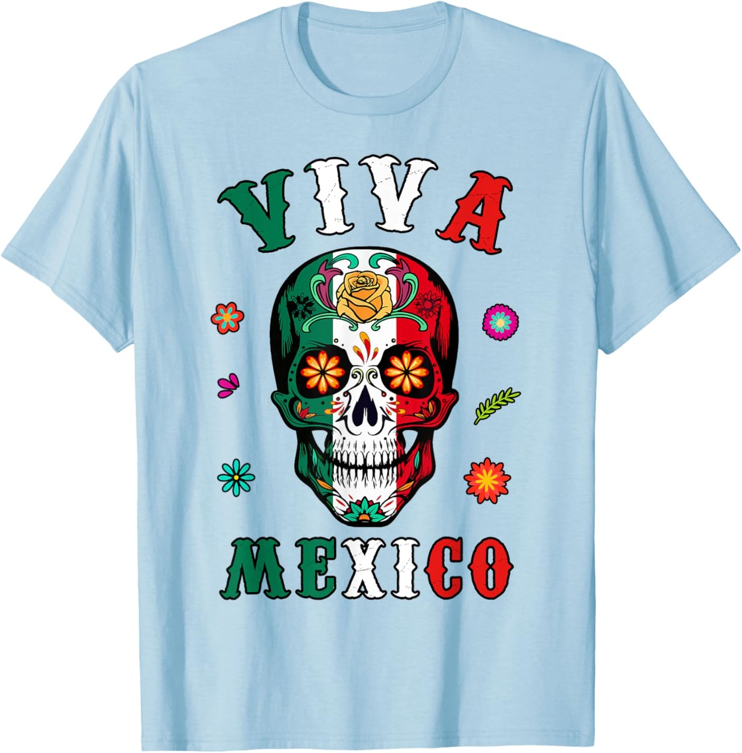 Viva Mexico-Shirt Mexican Flag Skull Women Men Boy Outfit T-Shirt - T-Shirt | Light Blue