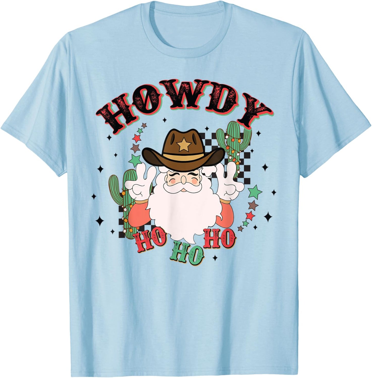 Vintage Howdy Ho Ho Ho Santa Cowboy Christmas Western T-Shirt - T-Shirt | Light Blue