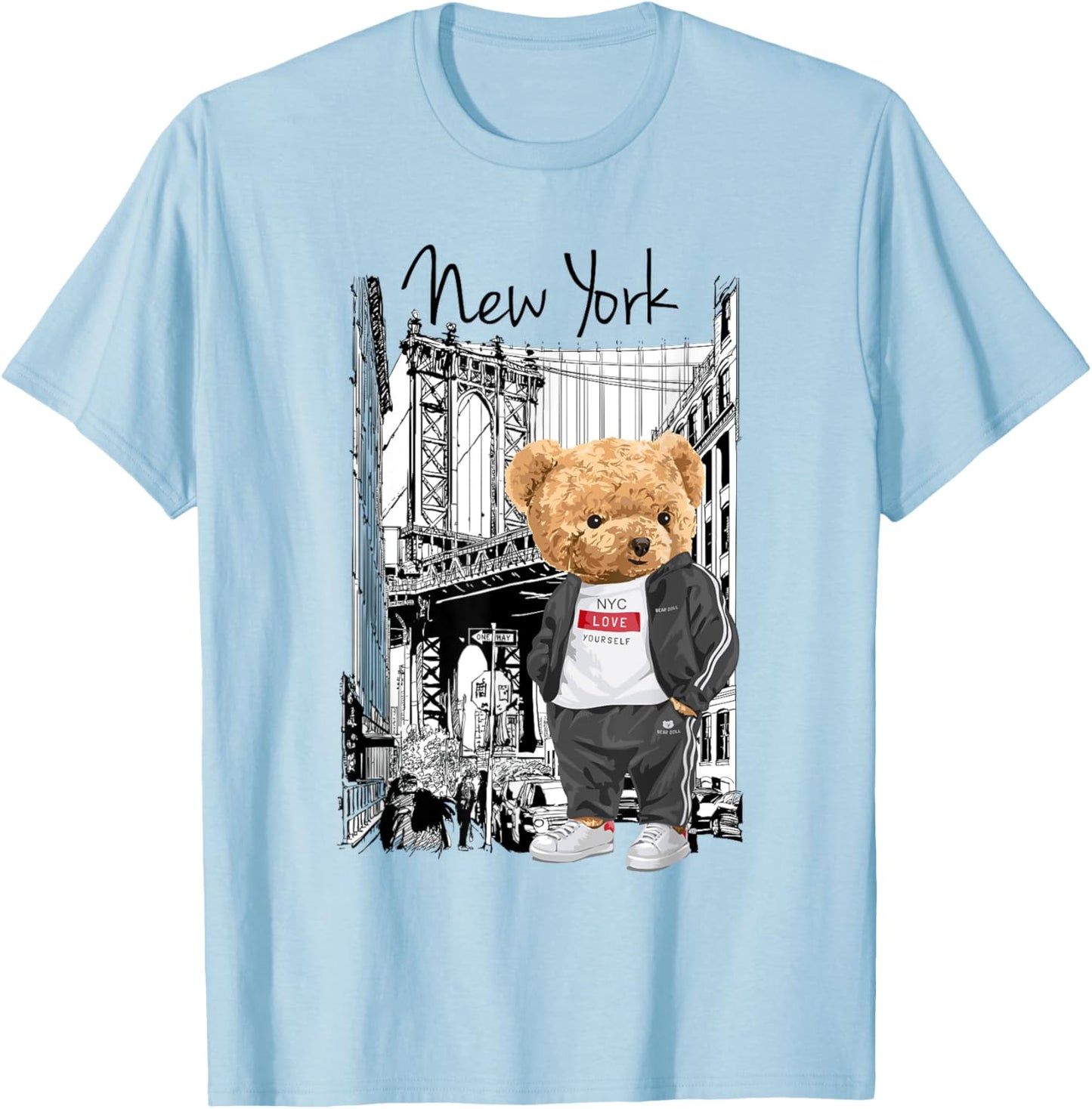 Bahaa's -Kids Grey Cartoon Teddy Bear NYC Graphic T-Shirt - T-Shirt | Light Blue