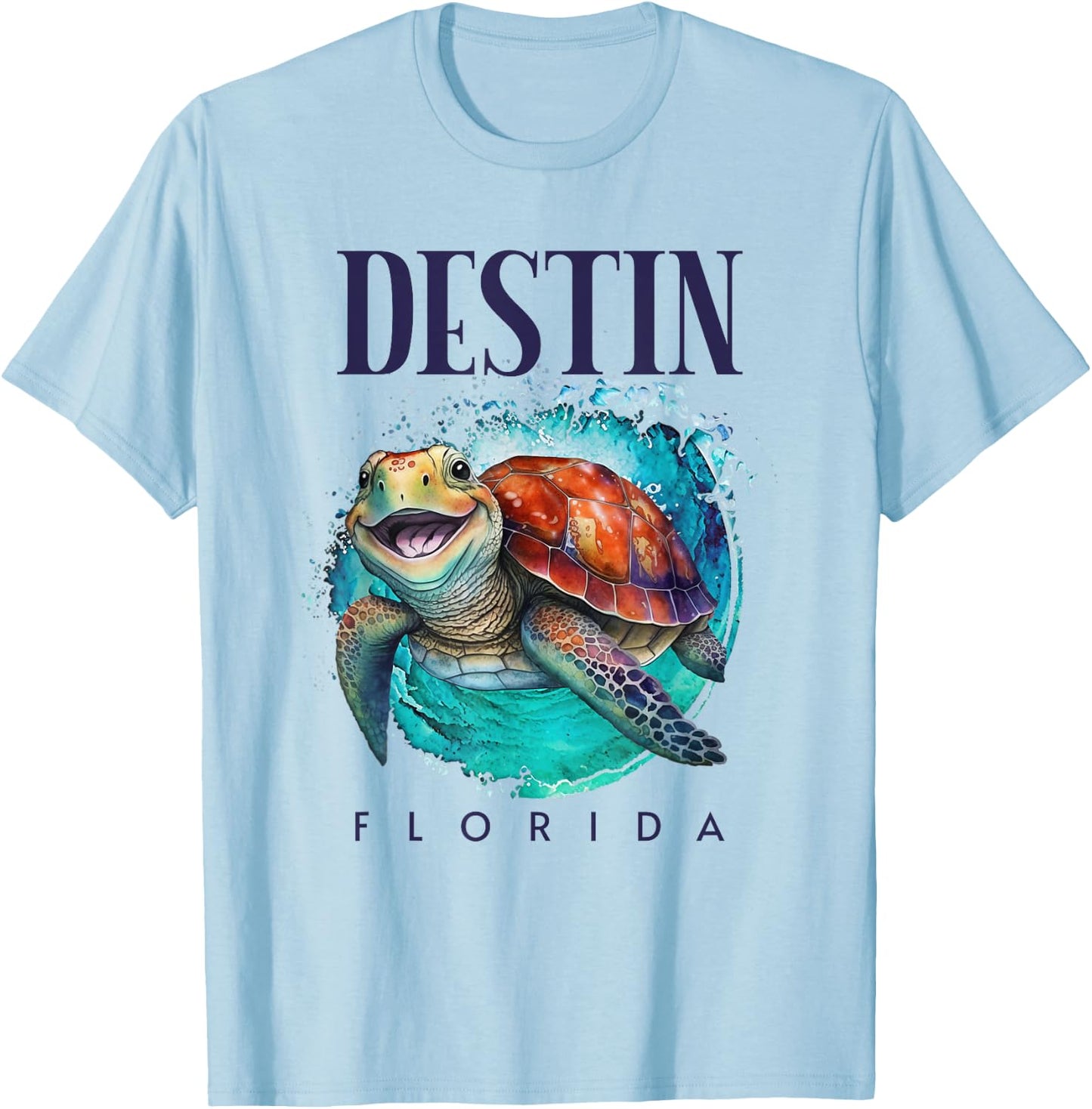 Destin Florida Watercolor Happy Sea Turtle T-Shirt - T-Shirt | Light Blue