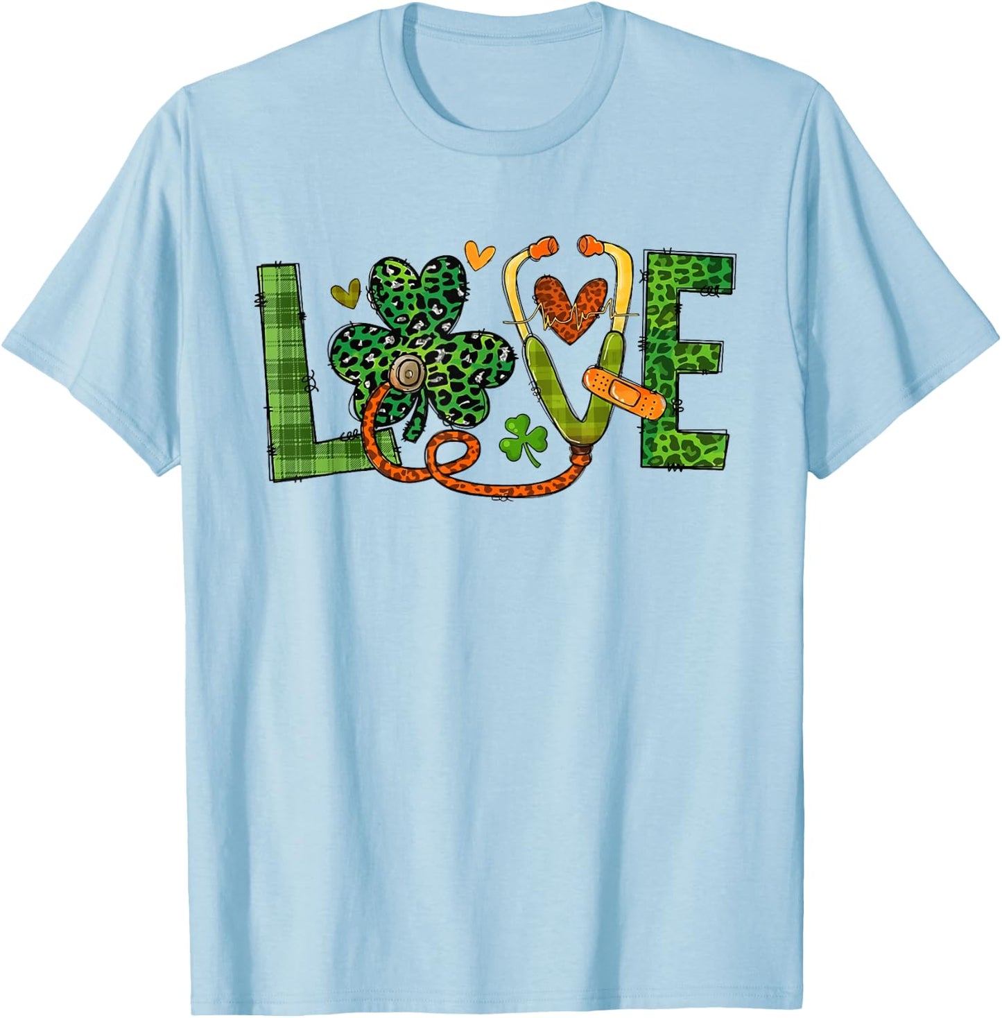 St Patrick's Day Irish Nurse Love Shamrock Stethoscope Nurse T-Shirt - T-Shirt | Light Blue