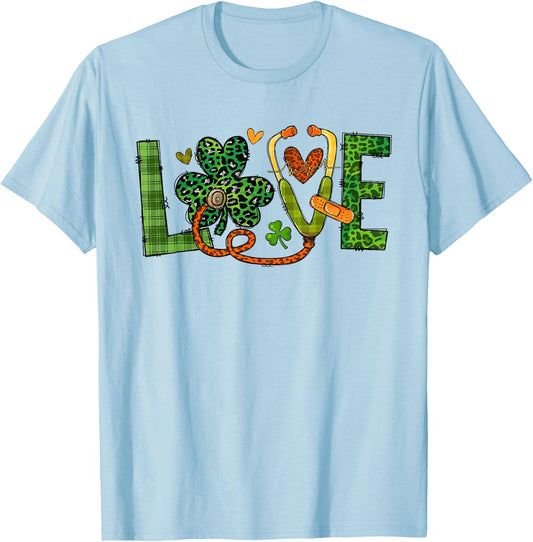 St Patrick's Day Irish Nurse Love Shamrock Stethoscope Nurse T-Shirt - T-Shirt | Light Blue