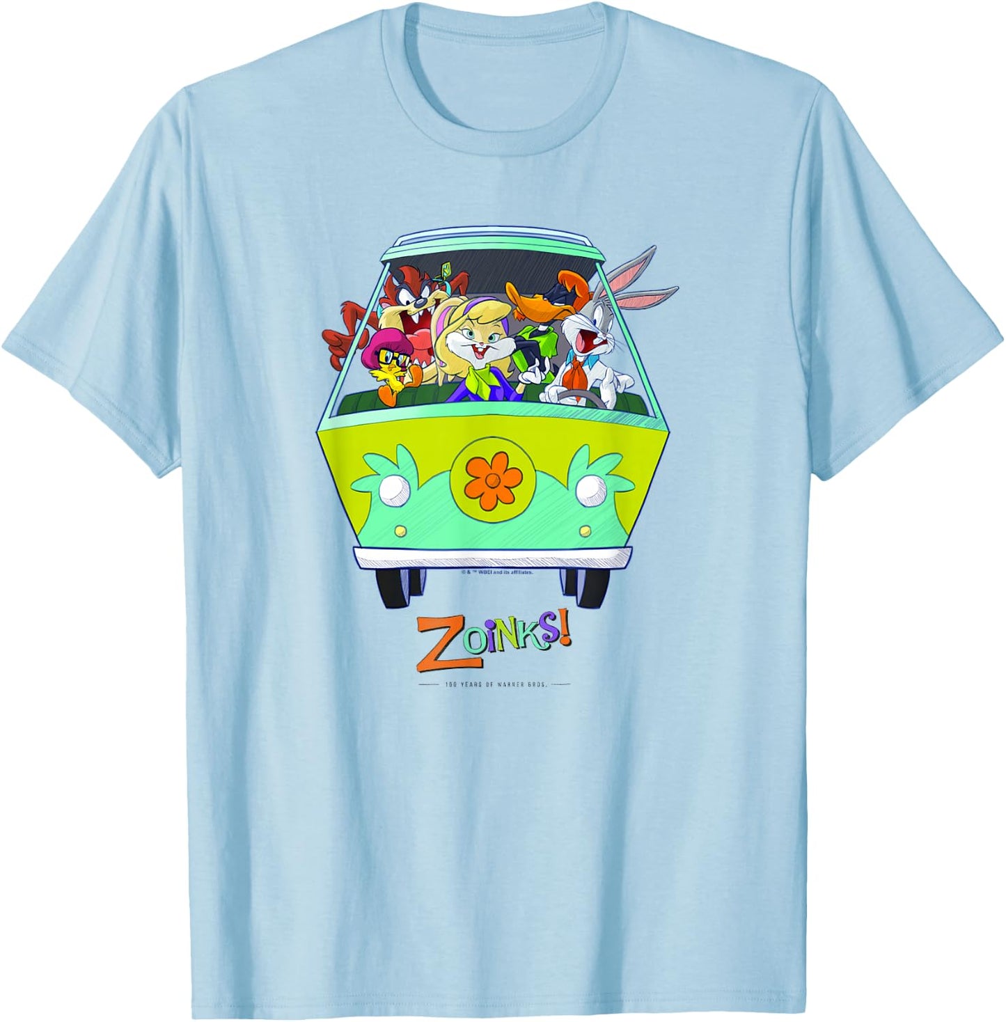 WB 100 Looney Tunes Group Shot The Mystery Machine Zoinks! T-Shirt - T-Shirt | Light Blue