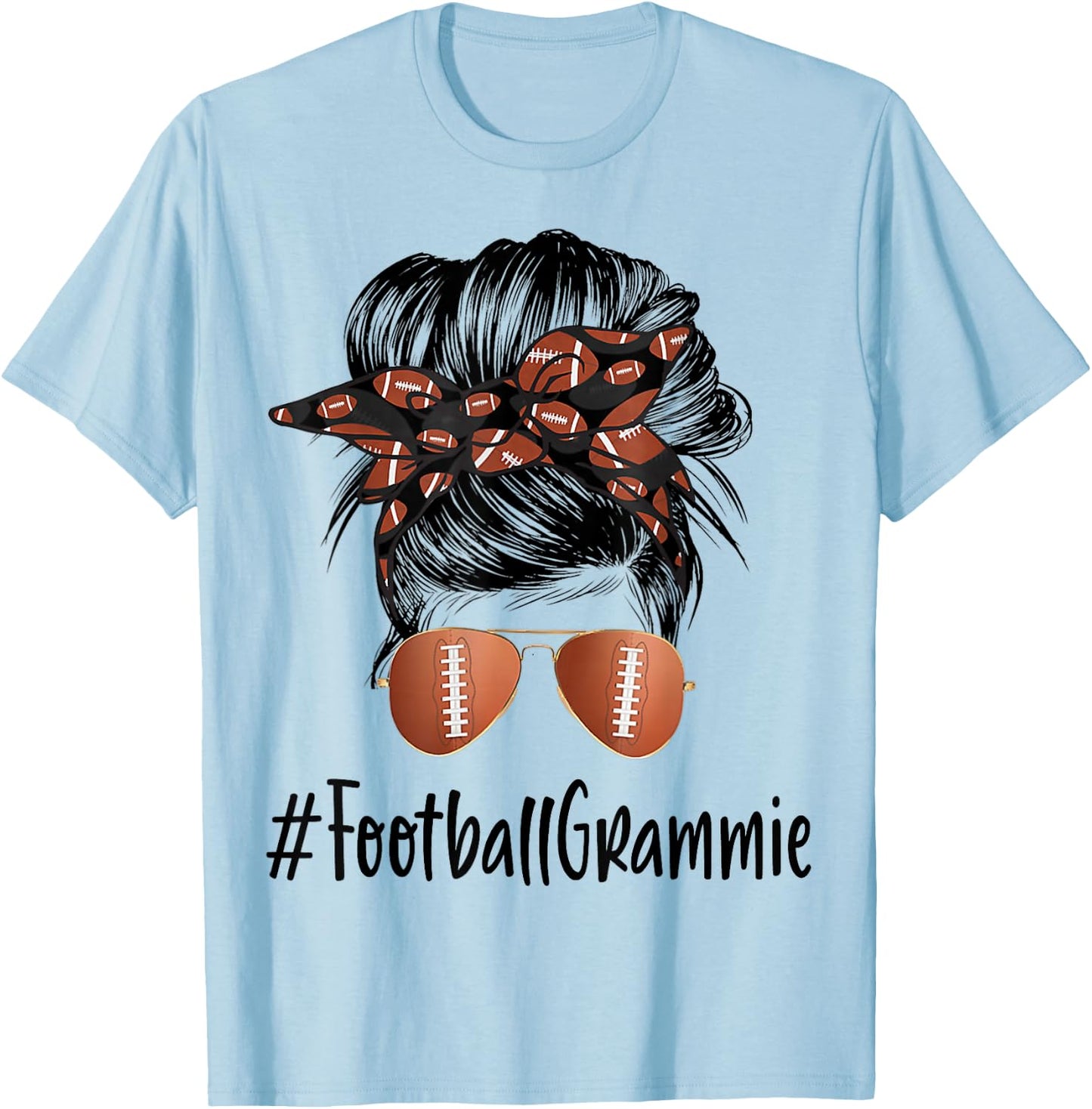Football Grammie Life Messy Bun Football Player Mother's Day T-Shirt - T-Shirt | Light Blue