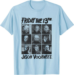 Friday The 13th Jason Black and White Grid Horror Movie T-Shirt - T-Shirt | Light Blue