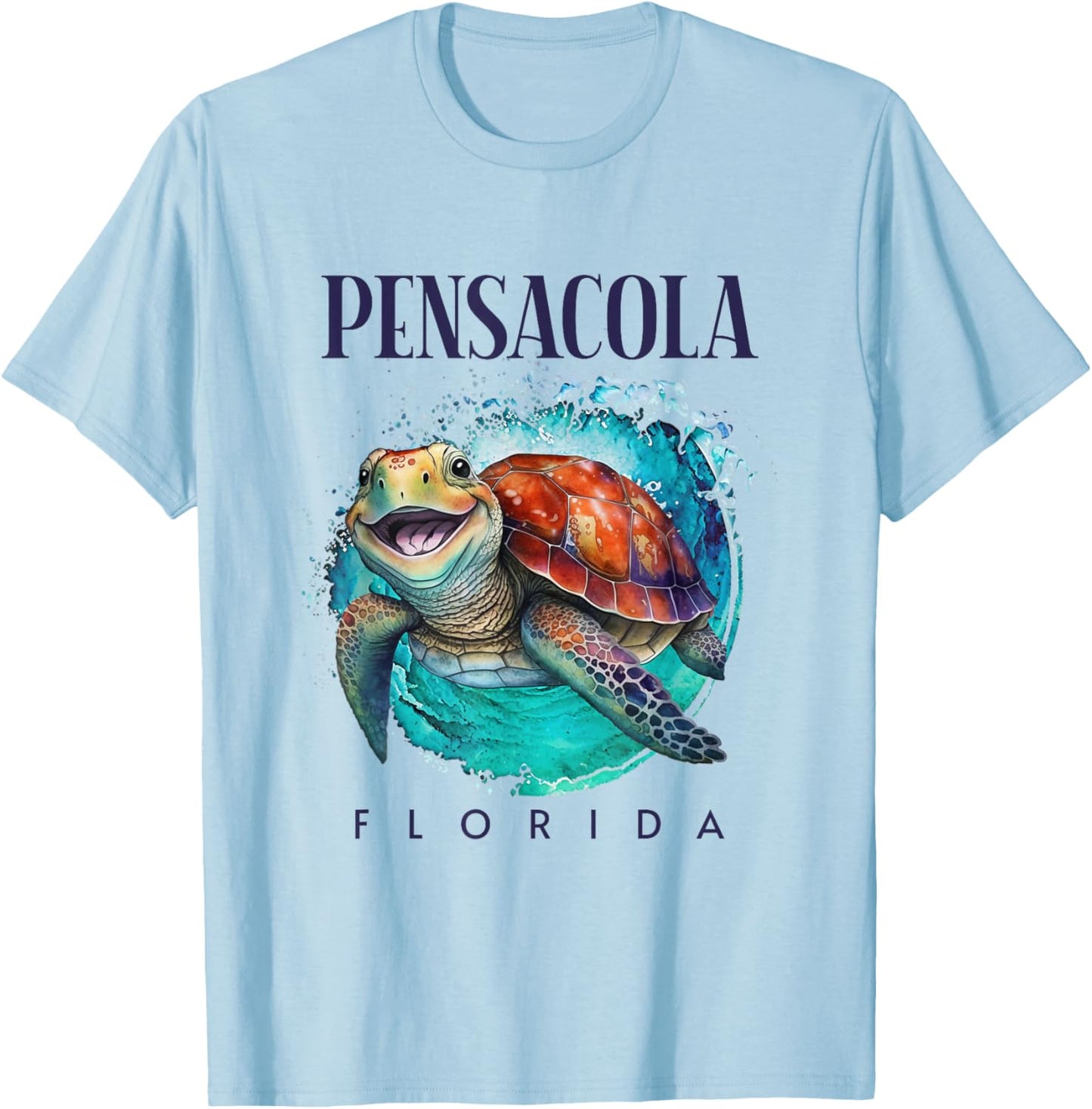 Pensacola Florida Watercolor Happy Sea Turtle T-Shirt - T-Shirt | Light Blue
