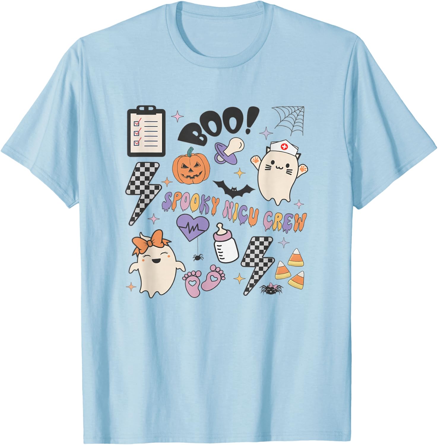 Retro Spooky NICU Nurse Halloween Cute Pumpkin Ghost Women T-Shirt - T-Shirt | Light Blue