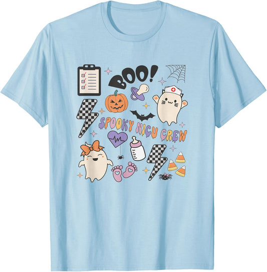 Retro Spooky NICU Nurse Halloween Cute Pumpkin Ghost Women T-Shirt - T-Shirt | Light Blue