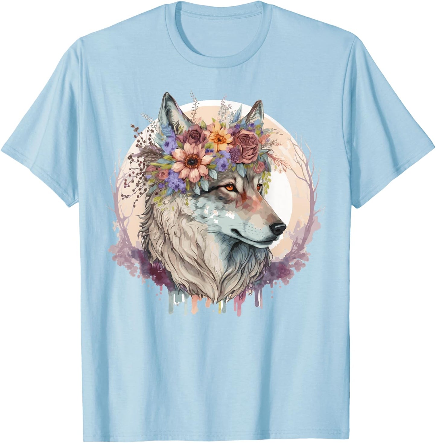 Cute Wolf Flower Crown Boho Aesthetic Animal Lovers T-Shirt - T-Shirt | Light Blue