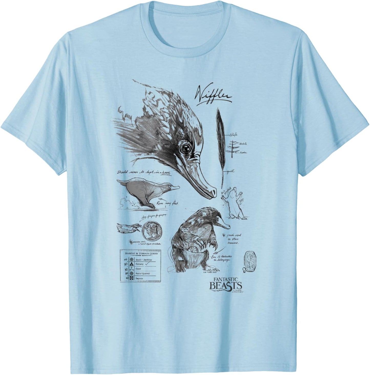 Fantastic Beasts Niffler Textbook Poster T-Shirt - T-Shirt | Light Blue