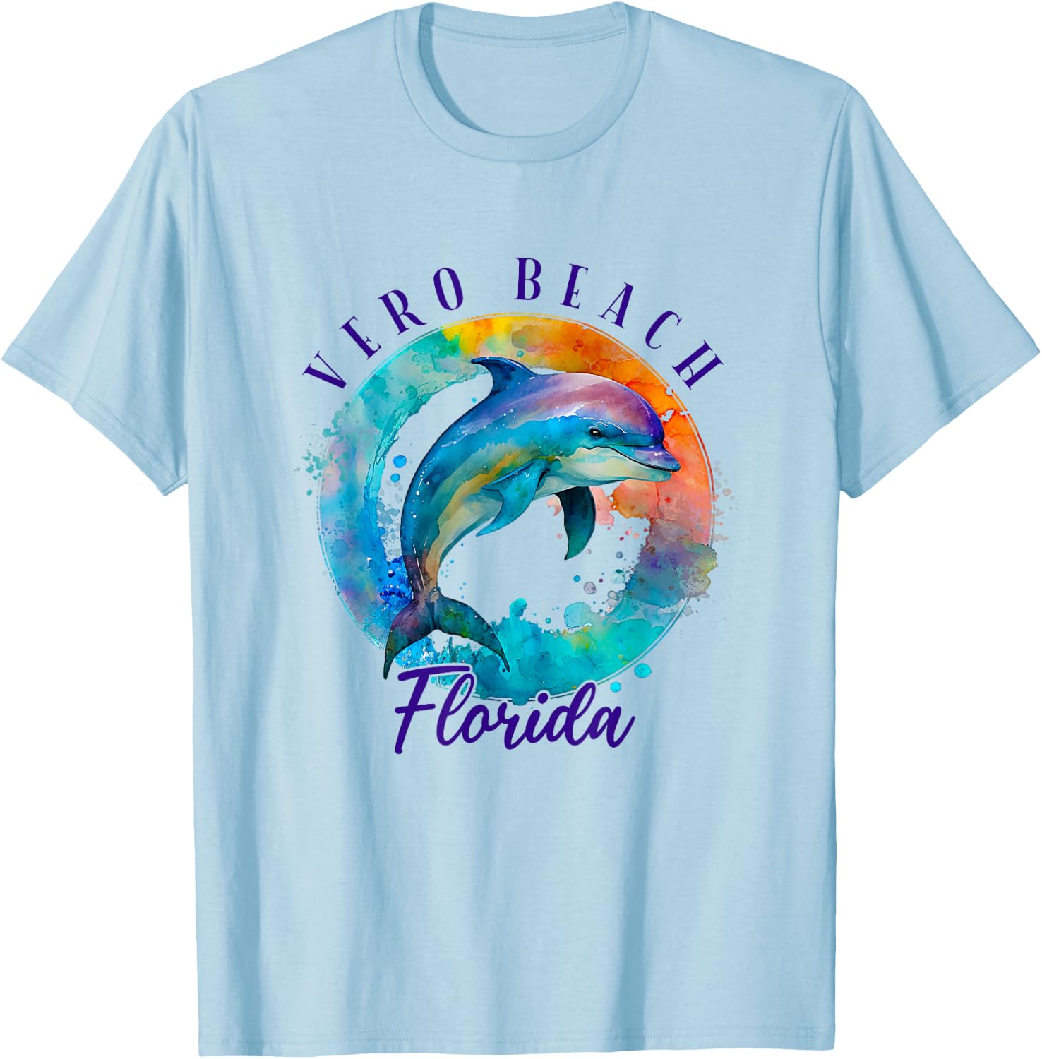 Vero Beach Florida Happy Watercolor Dolphin T-Shirt - T-Shirt | Light Blue