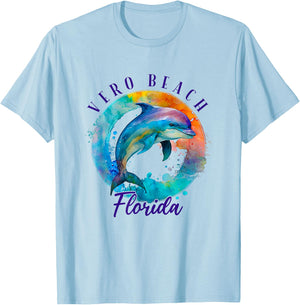 Vero Beach Florida Happy Watercolor Dolphin T-Shirt - T-Shirt | Light Blue