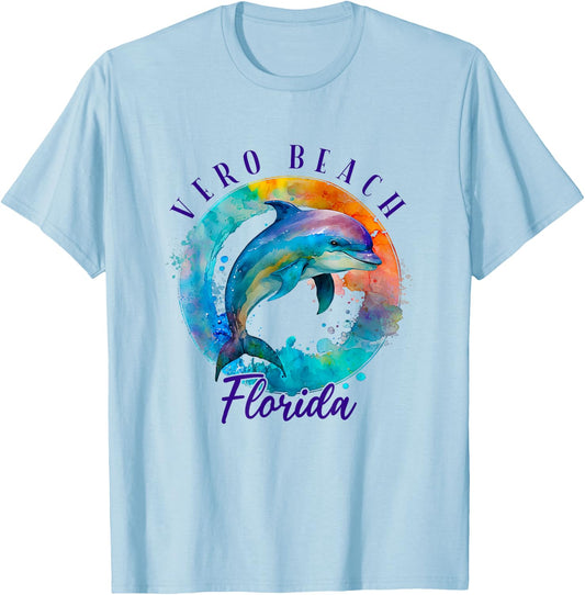 Vero Beach Florida Happy Watercolor Dolphin T-Shirt - T-Shirt | Light Blue