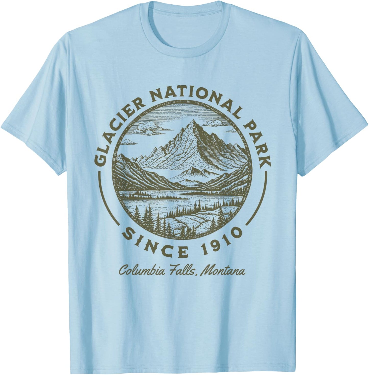 Glacier National Park Since 1910 Rustic Logo Columbia Falls T-Shirt - T-Shirt | Light Blue