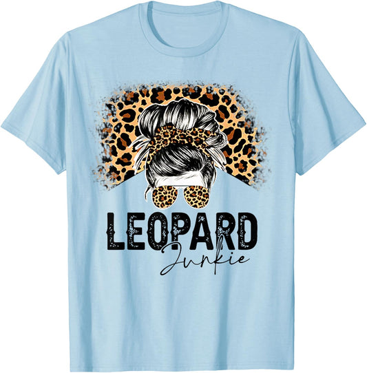 Messy Bun Leopard Junkie Sunglasses Hello Summer Mothers Day T-Shirt - T-Shirt | Light Blue