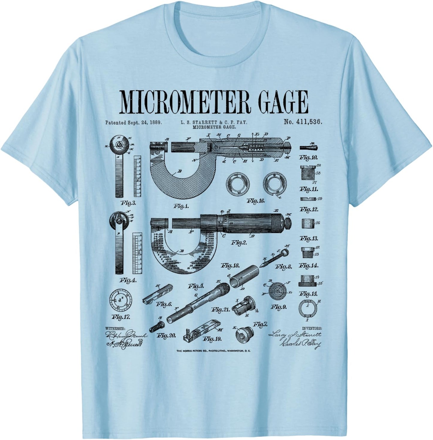 Micrometer Gage Mechanical Engineer Vintage Patent Print T-Shirt - T-Shirt | Light Blue