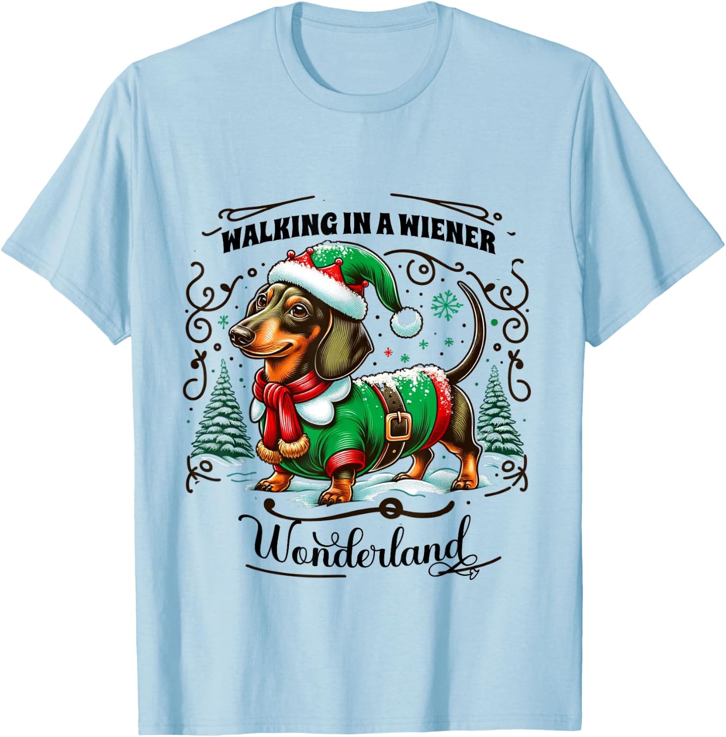 Dachshund Christmas Walking In A Wiener Wonderland Cute Dog Men Women Kids T-Shirt - T-Shirt | Light Blue