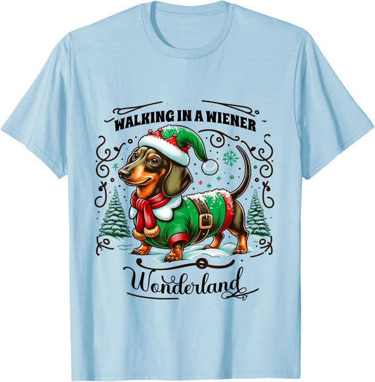 Dachshund Christmas Walking In A Wiener Wonderland Cute Dog Men Women Kids T-Shirt - T-Shirt | Light Blue