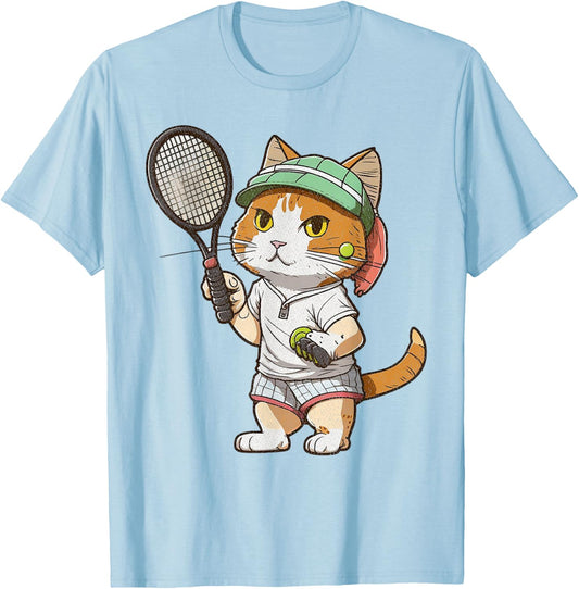 Vintage Cat Playing Tennis, Tennis Racquet, Kitties Lover T-Shirt - T-Shirt | Light Blue