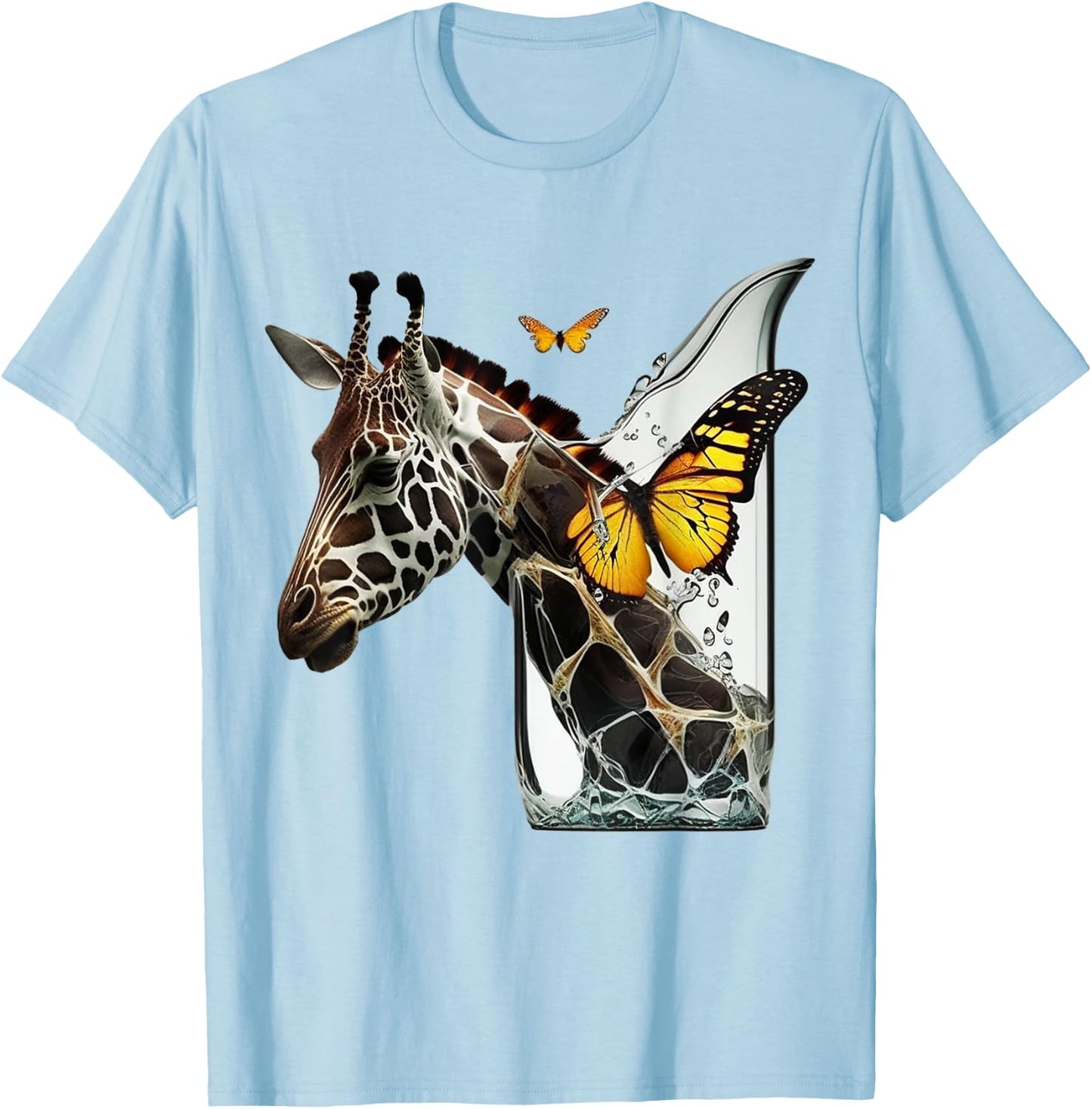 Giraffe Butterfly Art Animal T-Shirt - T-Shirt | Light Blue