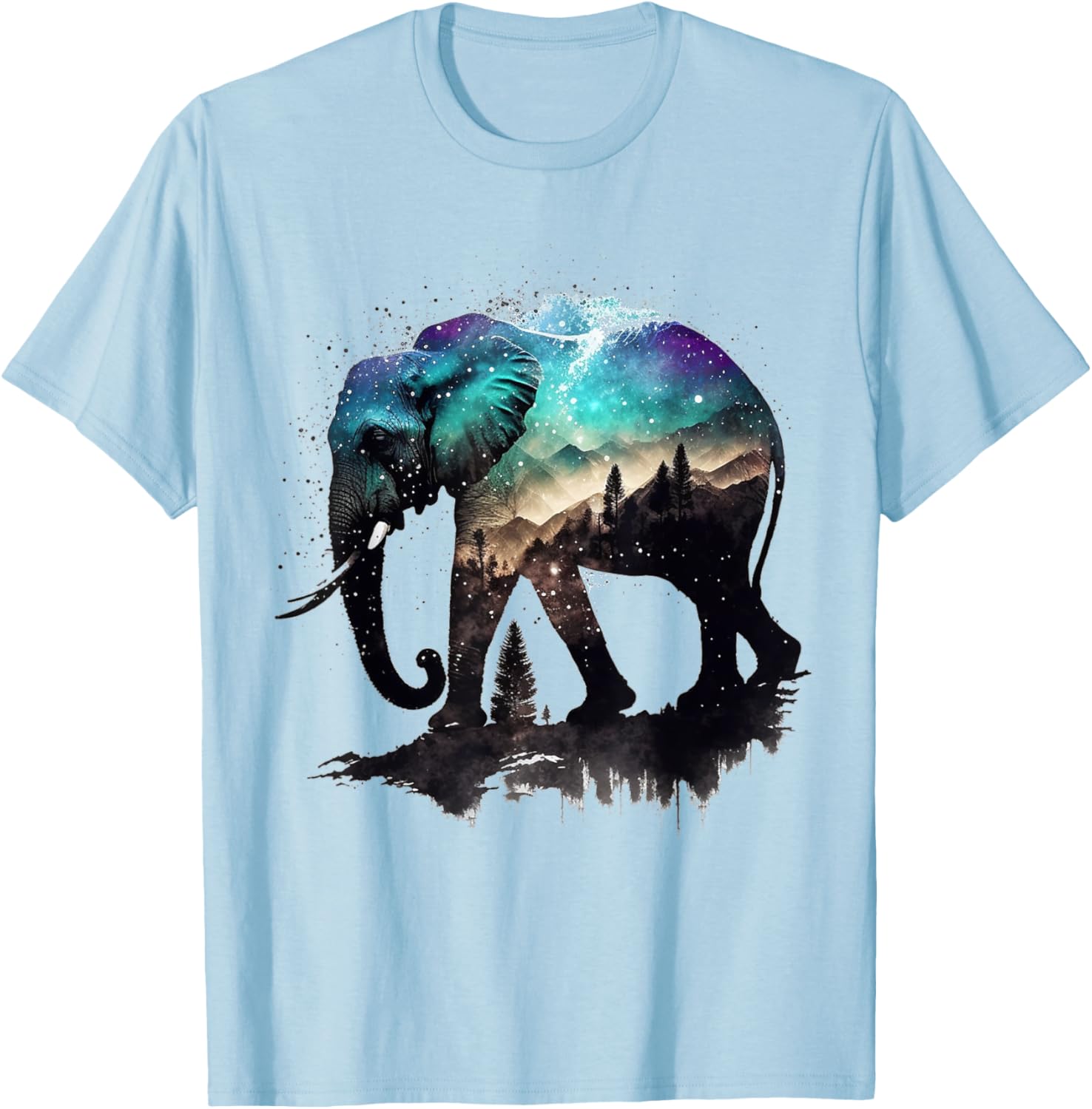 Elephant Art Mountains Astronomy Colourful Animal Elephant T-Shirt - T-Shirt | Light Blue