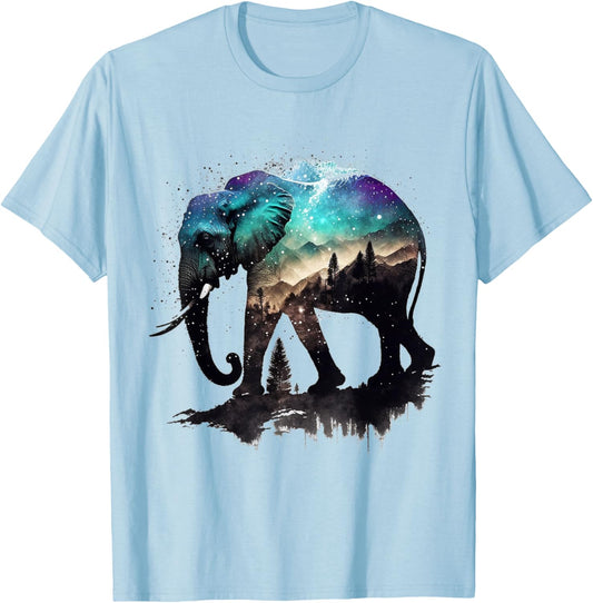 Elephant Art Mountains Astronomy Colourful Animal Elephant T-Shirt - T-Shirt | Light Blue