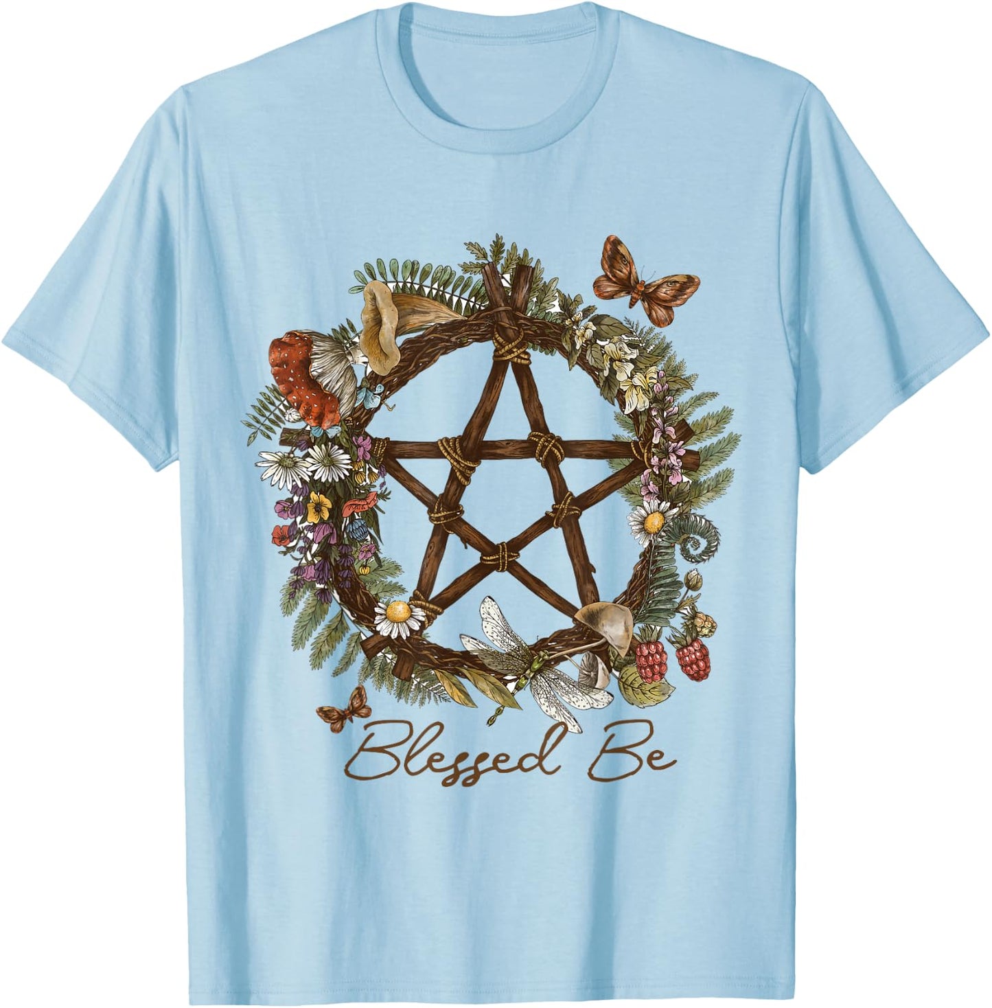 Blessed Be Floral Pentacle Witchcraft Pagan Witchy Design T-Shirt - T-Shirt | Light Blue