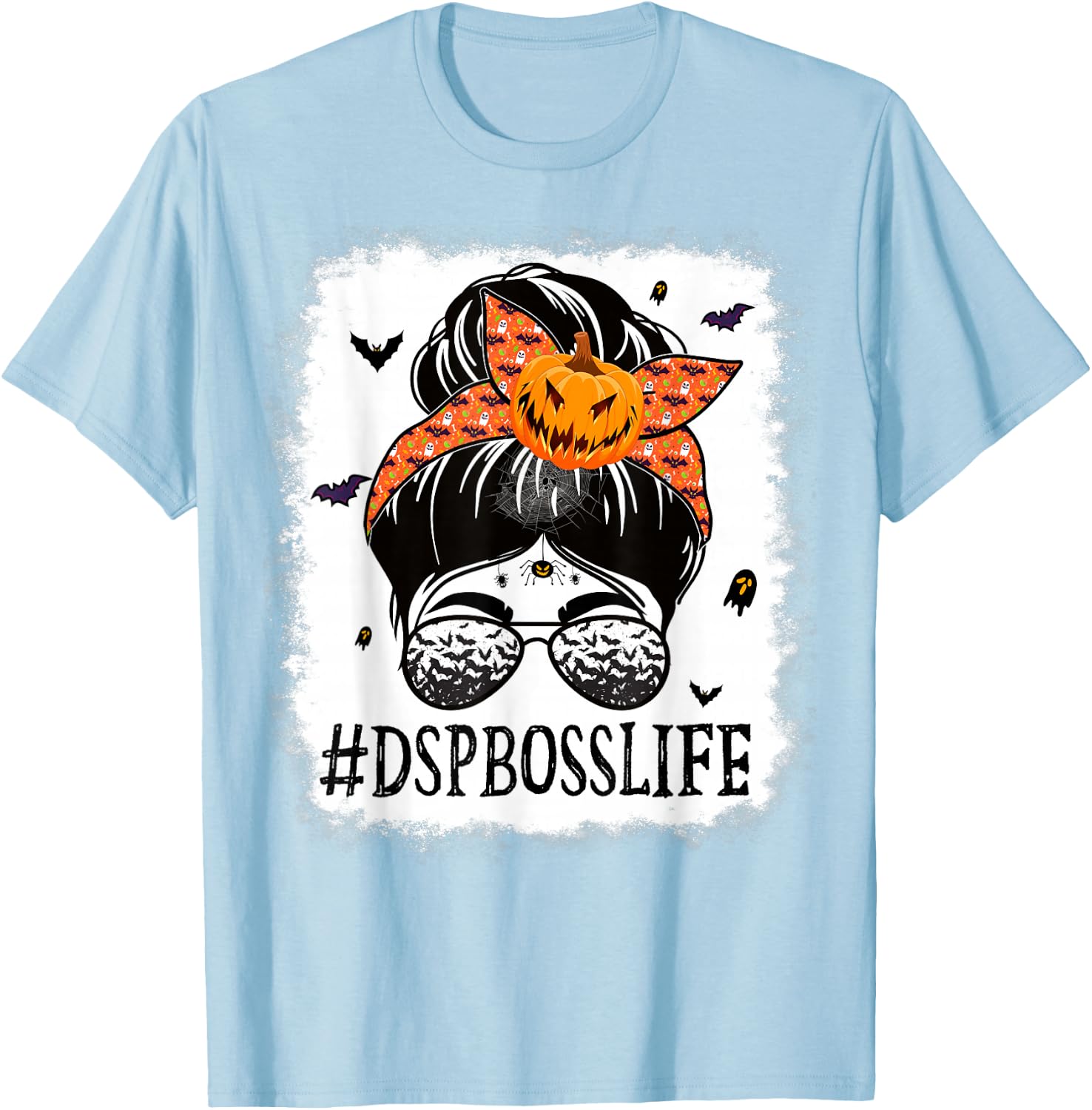 DSP Boss Messy Bun Spooky Pumpkin Orange Halloween Costume T-Shirt - T-Shirt | Light Blue
