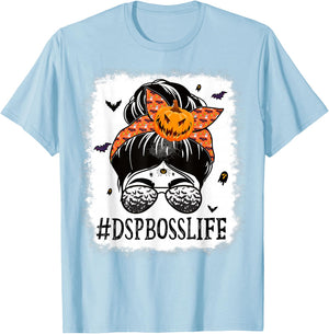 DSP Boss Messy Bun Spooky Pumpkin Orange Halloween Costume T-Shirt - T-Shirt | Light Blue