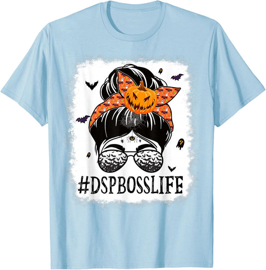 DSP Boss Messy Bun Spooky Pumpkin Orange Halloween Costume T-Shirt - T-Shirt | Light Blue
