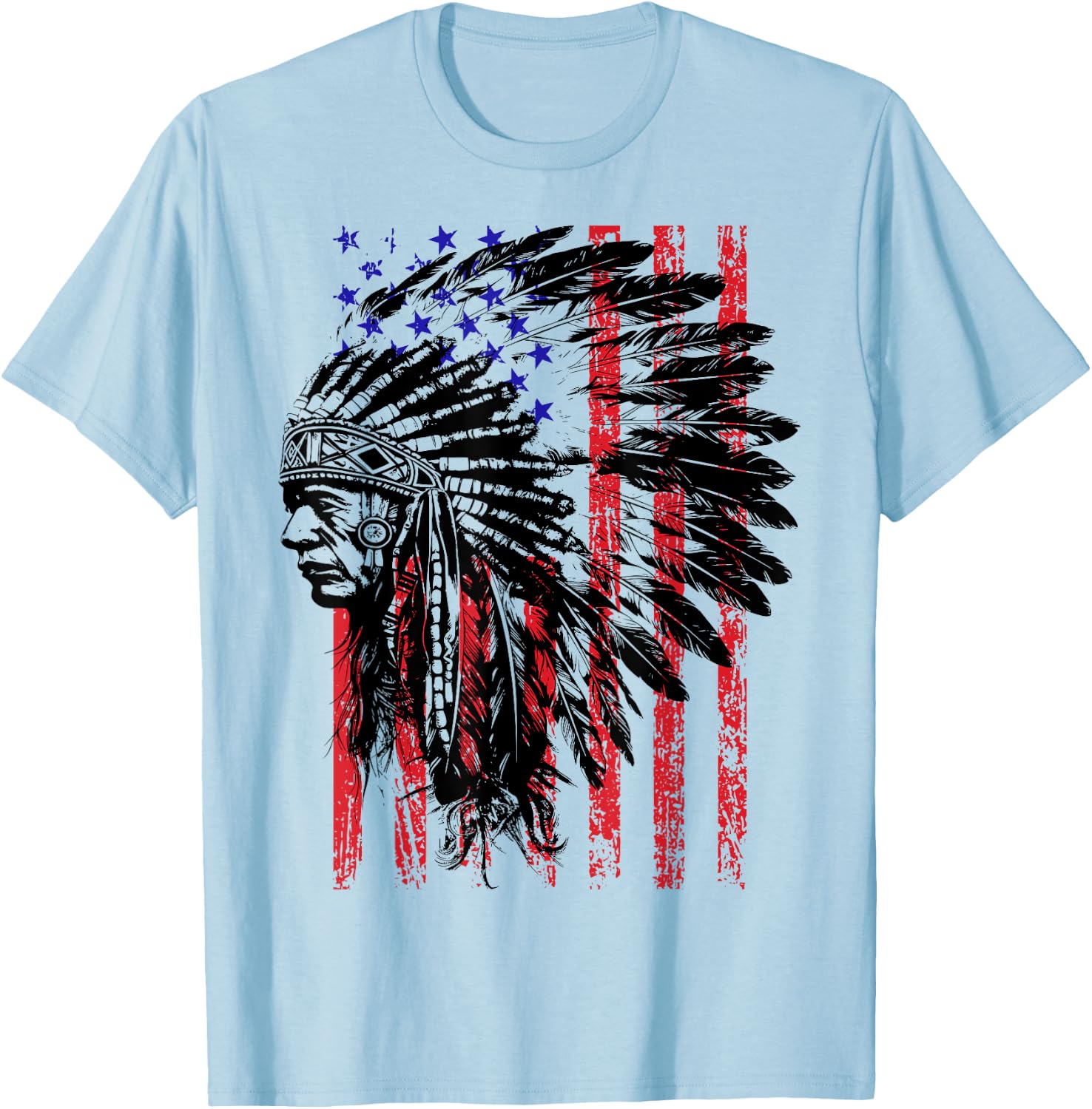 Native American Indian Headdress American Flag 4th of July T-Shirt - T-Shirt | Light Blue