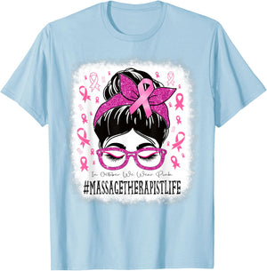 Massage Therapist Messy Bun Women Breast Cancer Awareness T-Shirt - T-Shirt | Light Blue