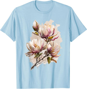 Magnolia Blossom Flower Blooming Floral Spring Summer Women T-Shirt - T-Shirt | Light Blue