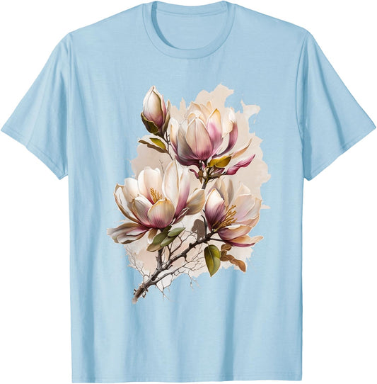 Magnolia Blossom Flower Blooming Floral Spring Summer Women T-Shirt - T-Shirt | Light Blue