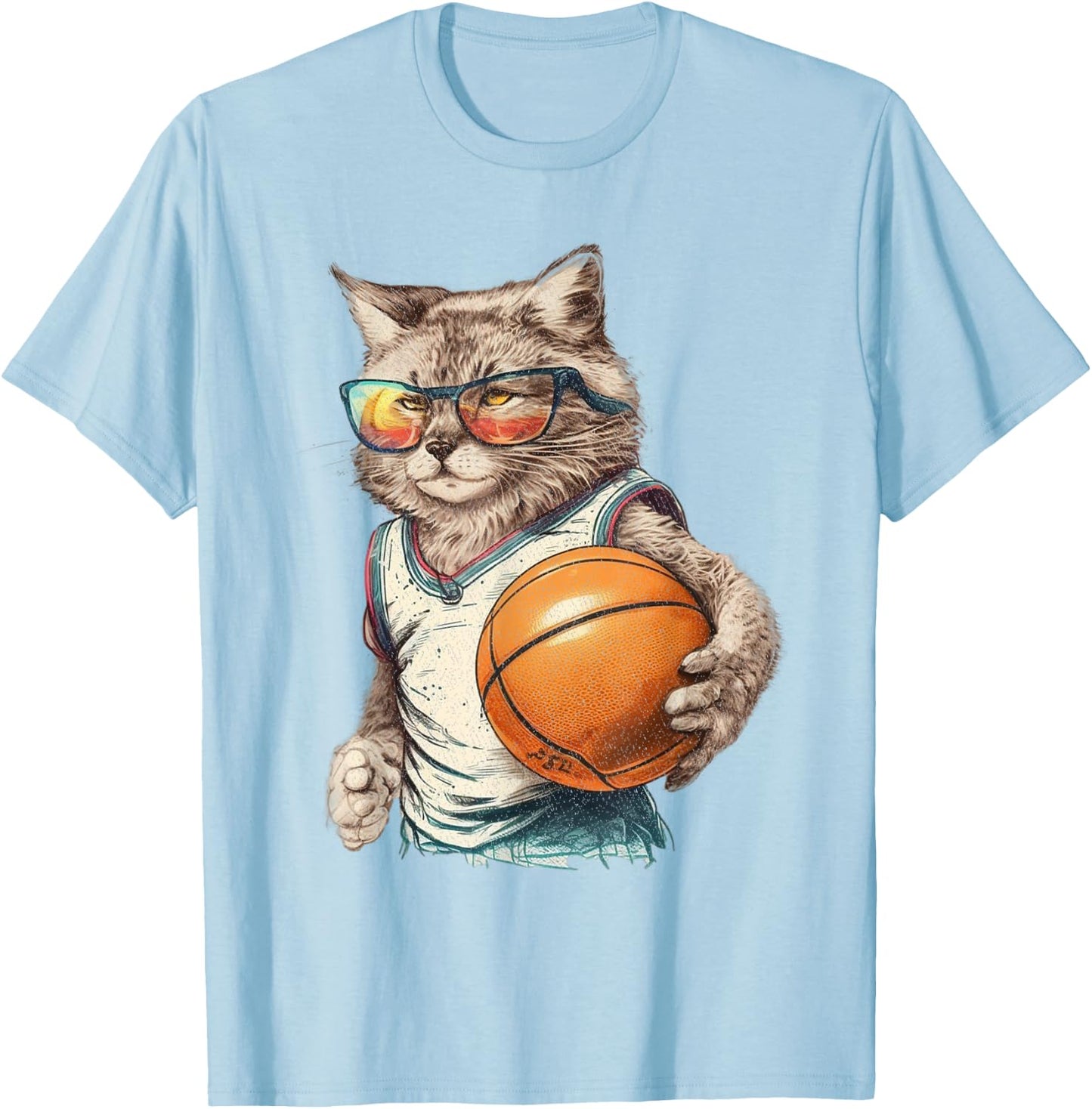Vintage Retro Cat Playing Basketball, Kitties Pet Lover T-Shirt - T-Shirt | Light Blue