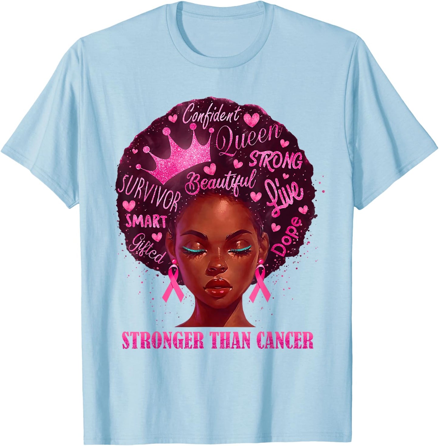 Black Women Queen Stronger Than Breast Cancer Pink Ribbon T-Shirt - T-Shirt | Light Blue
