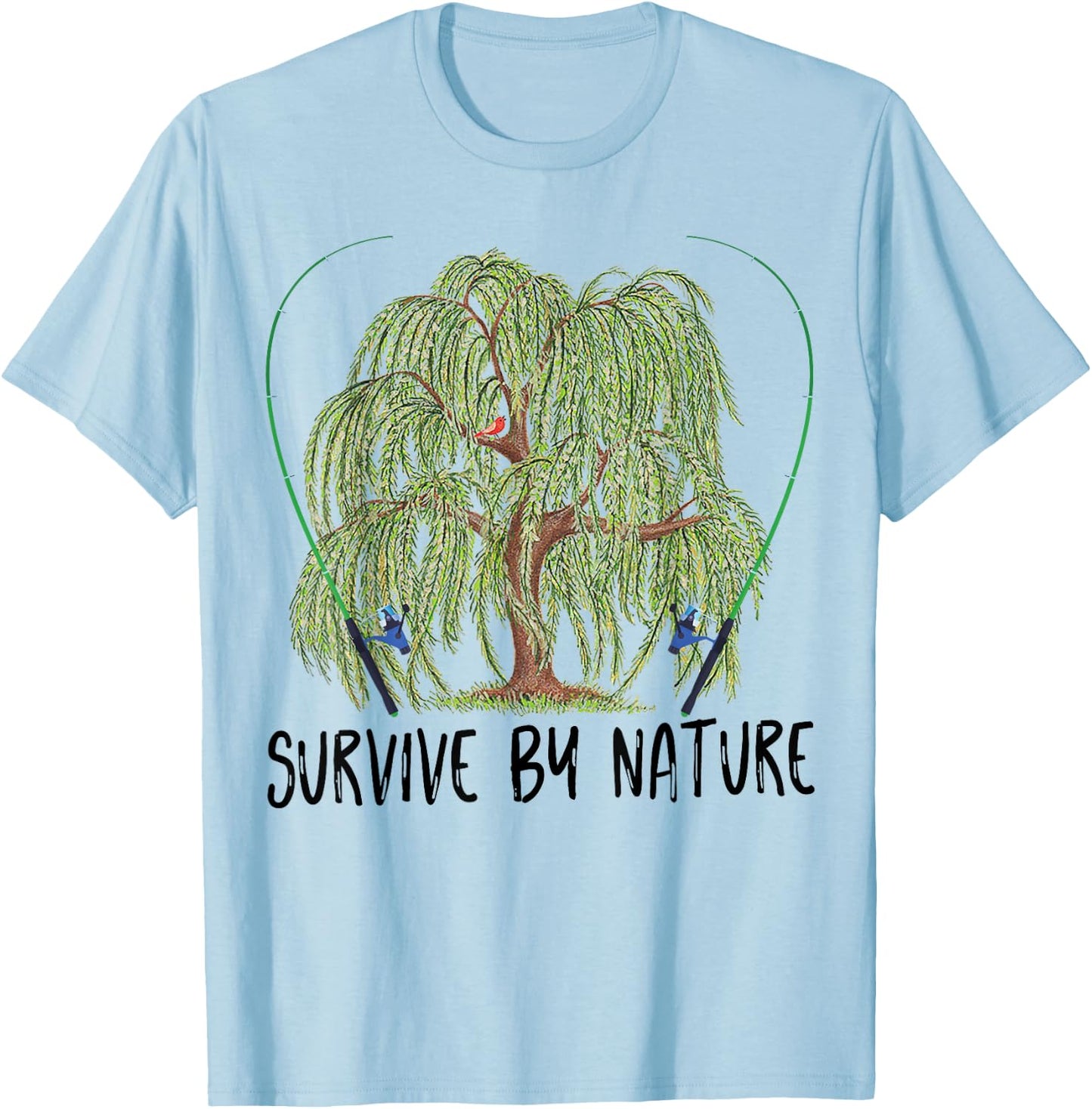 Survive By Nature weeping willow tree with fishing rod T-Shirt - T-Shirt | Light Blue