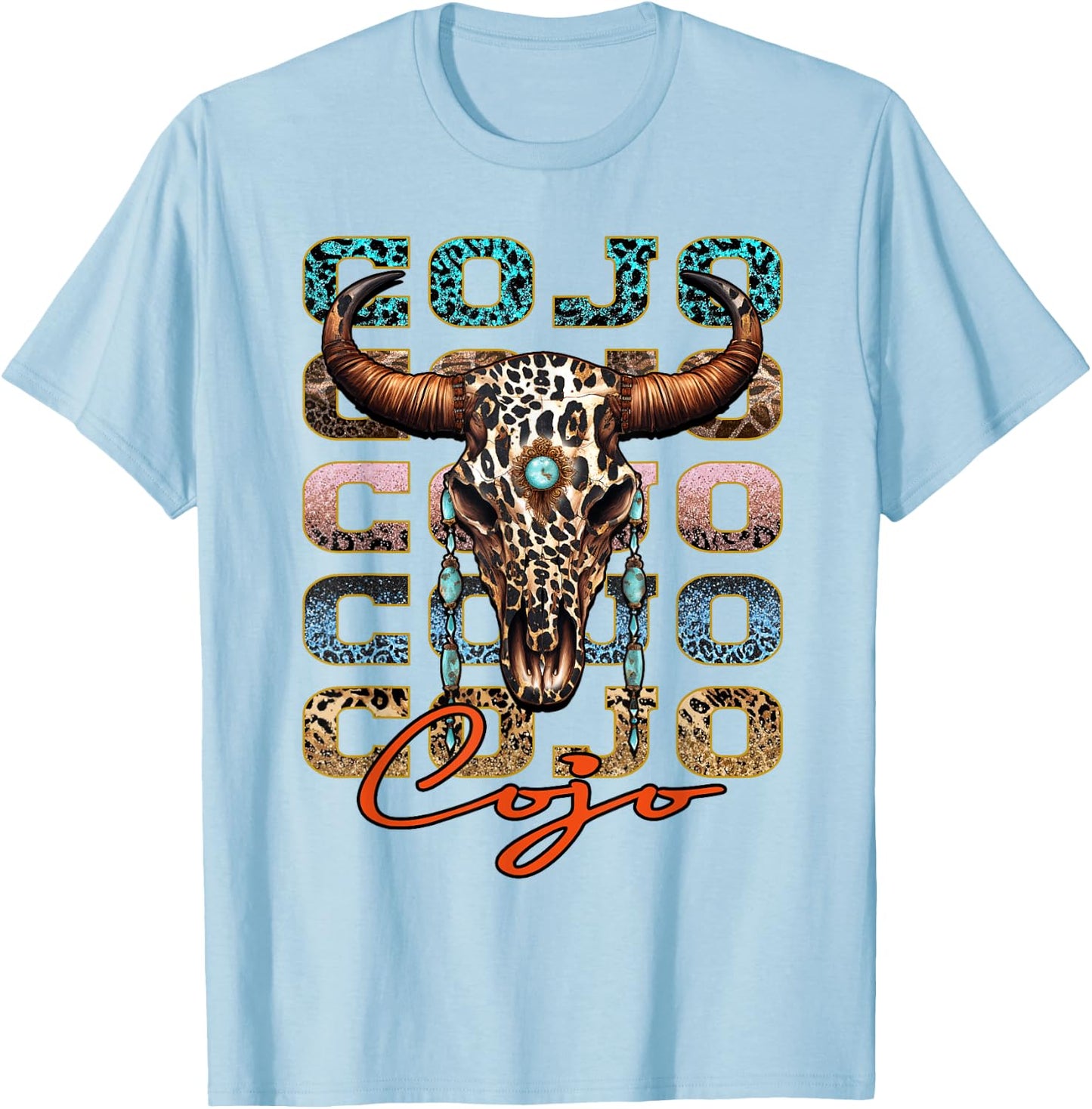 Vintage Rodeo Cojo Western Deserts Bull-Skull Cowhide Cojo T-Shirt - T-Shirt | Light Blue