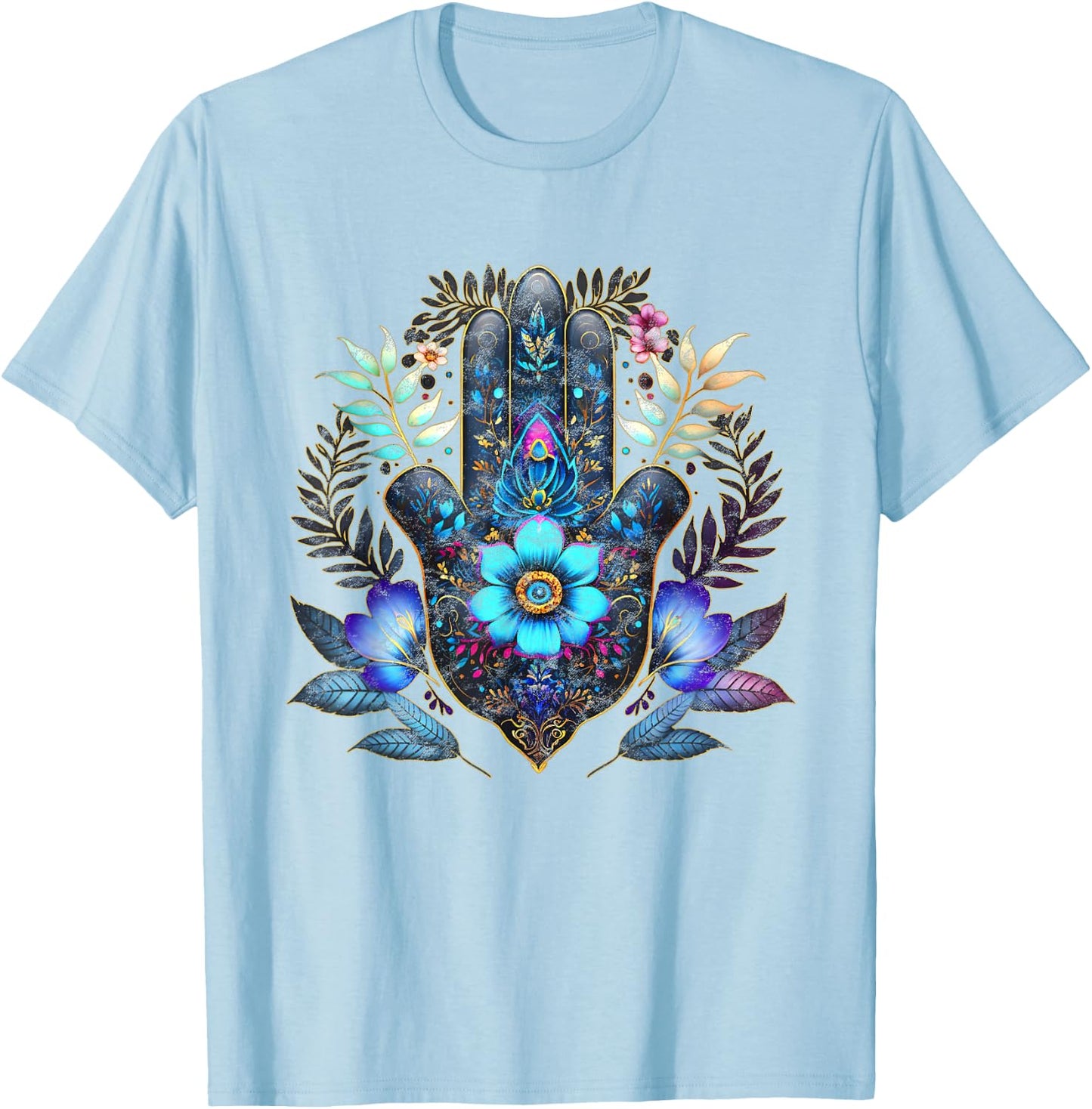 Hamsa, hand, blue, Nazar, flower, eye, charm, vintage, luck T-Shirt - T-Shirt | Light Blue
