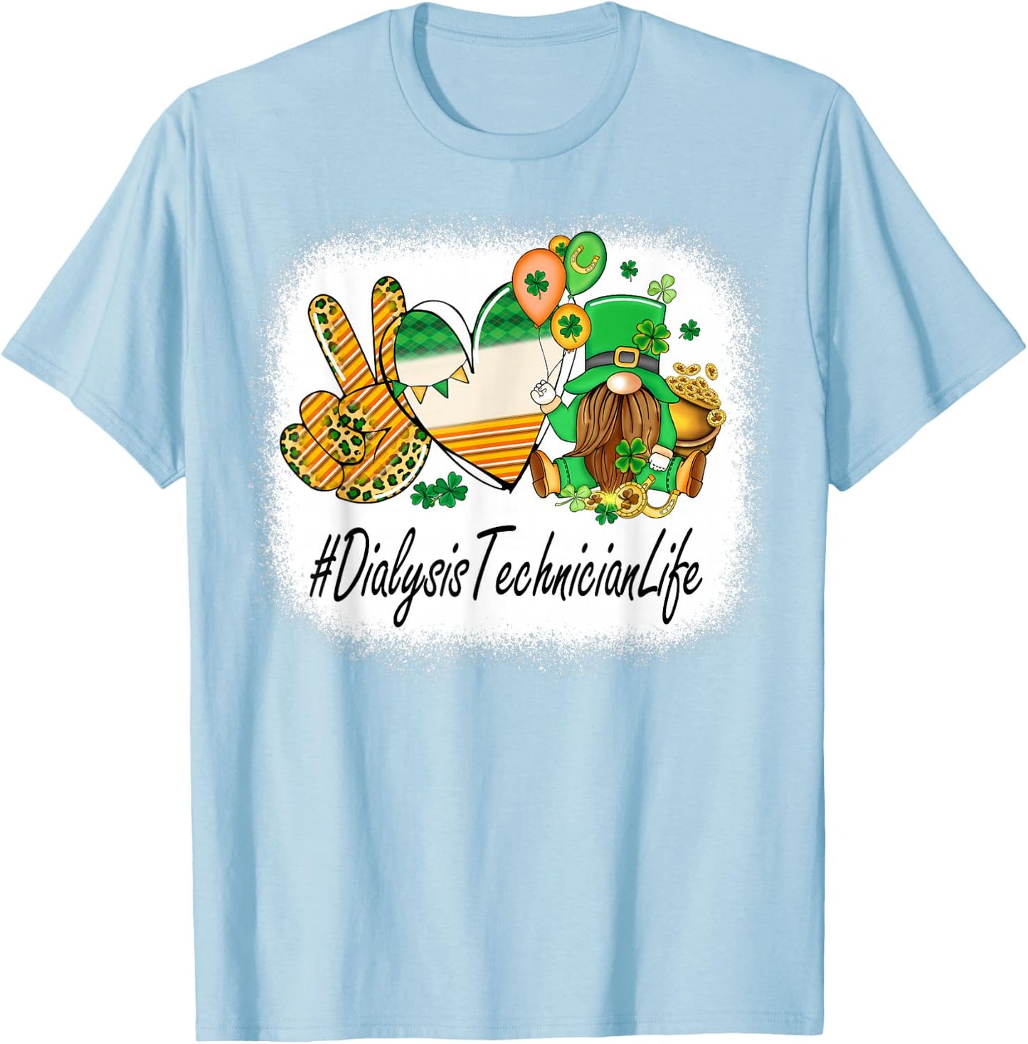 Dialysis Technician Peace Love St Patricks Day Women Gnome T-Shirt - T-Shirt | Light Blue
