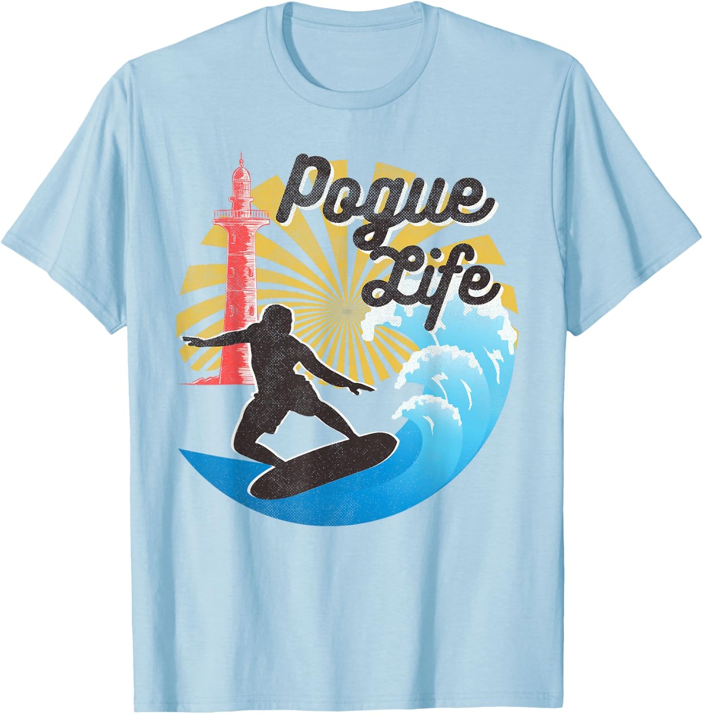 Surfing Life Pogue Beach Van Light Houses Retro Distressed T-Shirt - T-Shirt | Light Blue